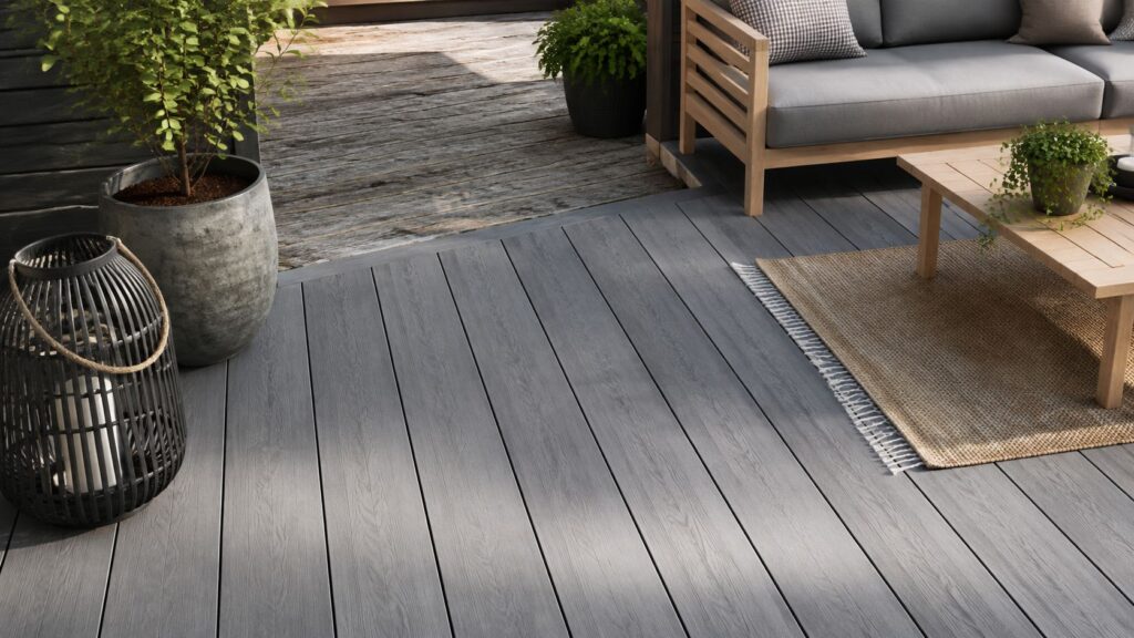 Udendørs terrasse med trædæk, sofa og planter.