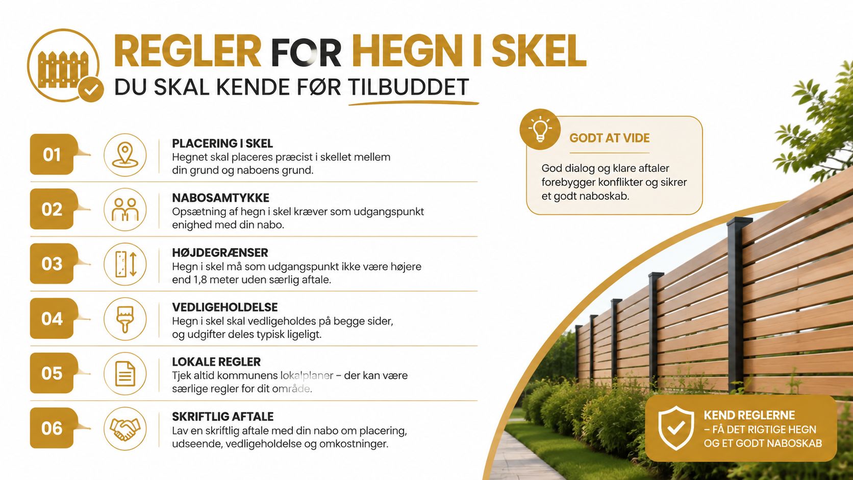 En oversigt over vigtige regler for opsætning af hegn i skel mellem to nabogrunde i Danmark.