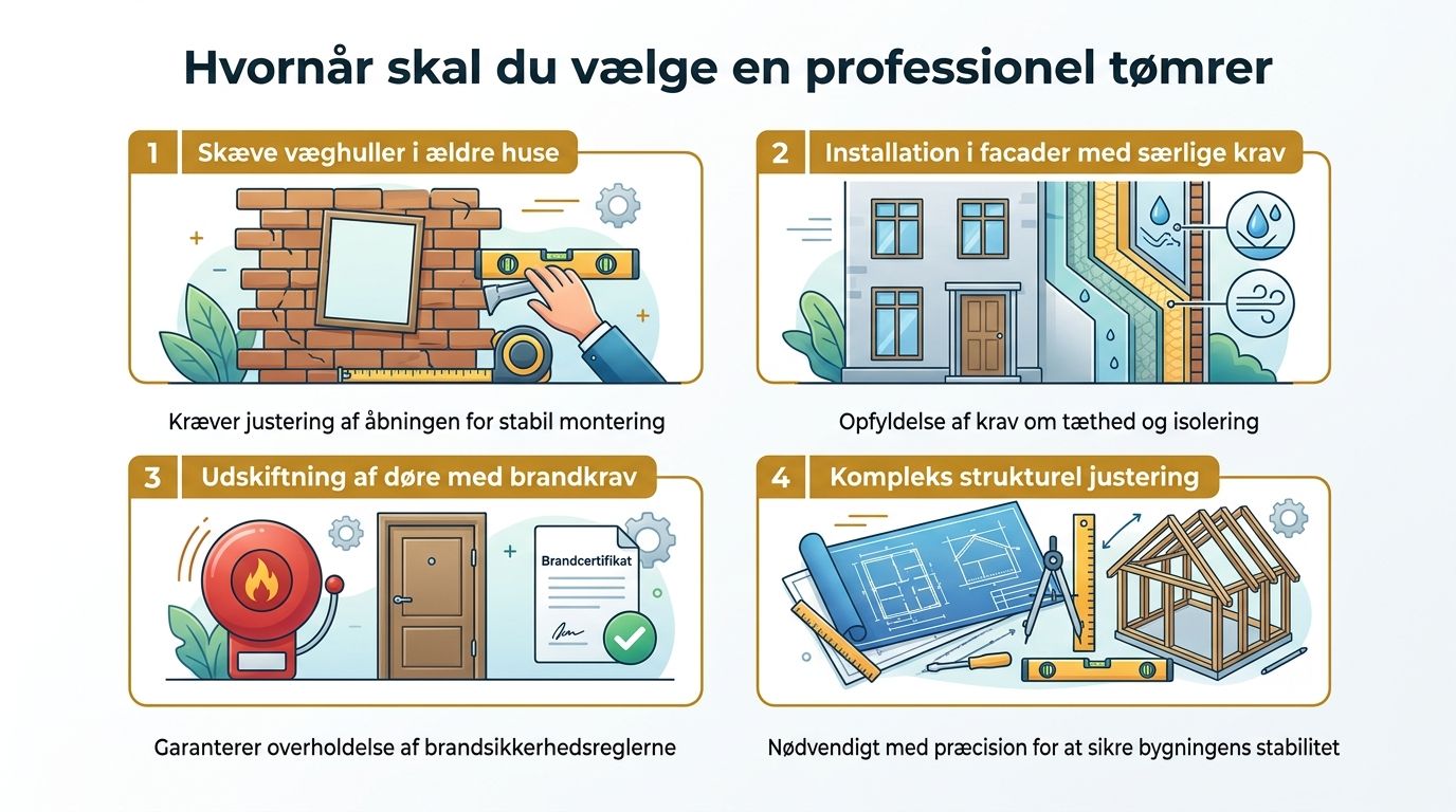 Infografik der viser fire situationer, hvor du bør vælge en professionel tømrer til dit byggeprojekt.