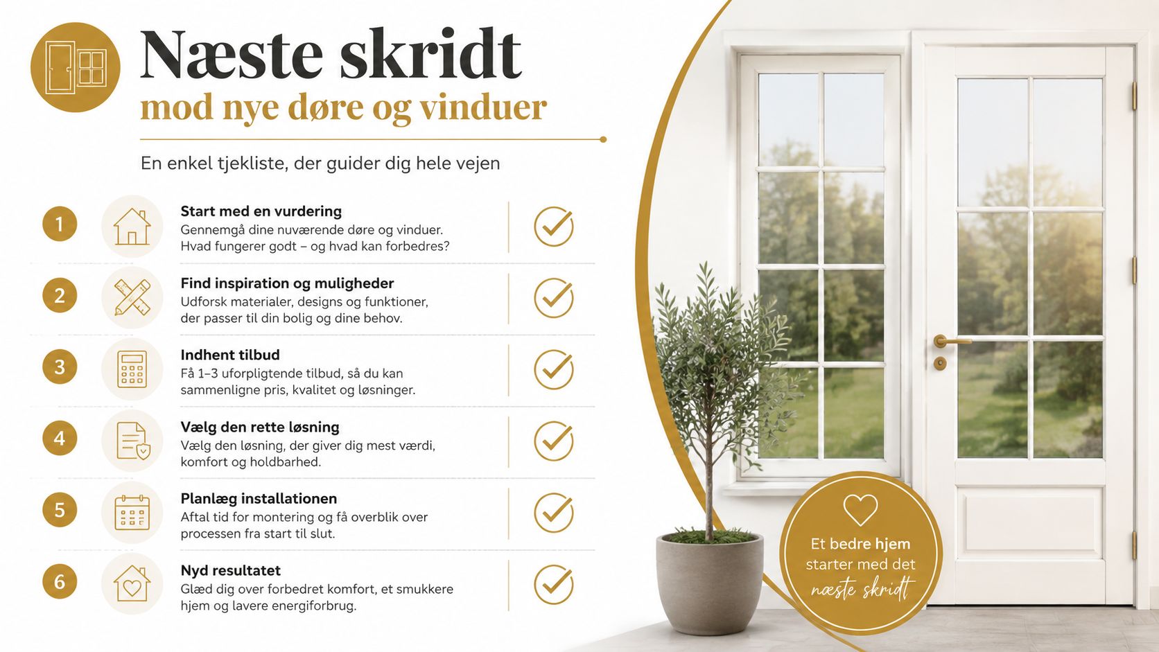 En tjekliste med seks trin til udskiftning af døre og vinduer i dit hjem for bedre komfort.
