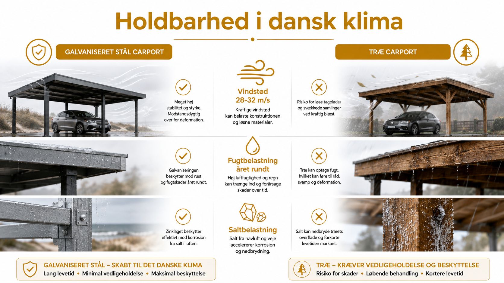 En sammenligningsgrafik der viser holdbarheden af carporte i galvaniseret stål kontra træ i det danske klima.