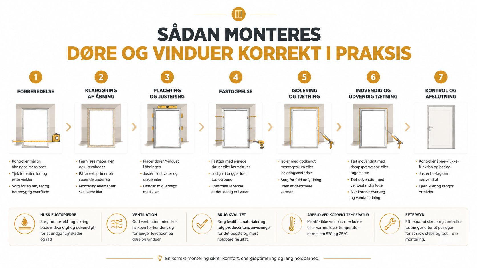 En guide i syv trin til korrekt montering af døre og vinduer i en bolig.