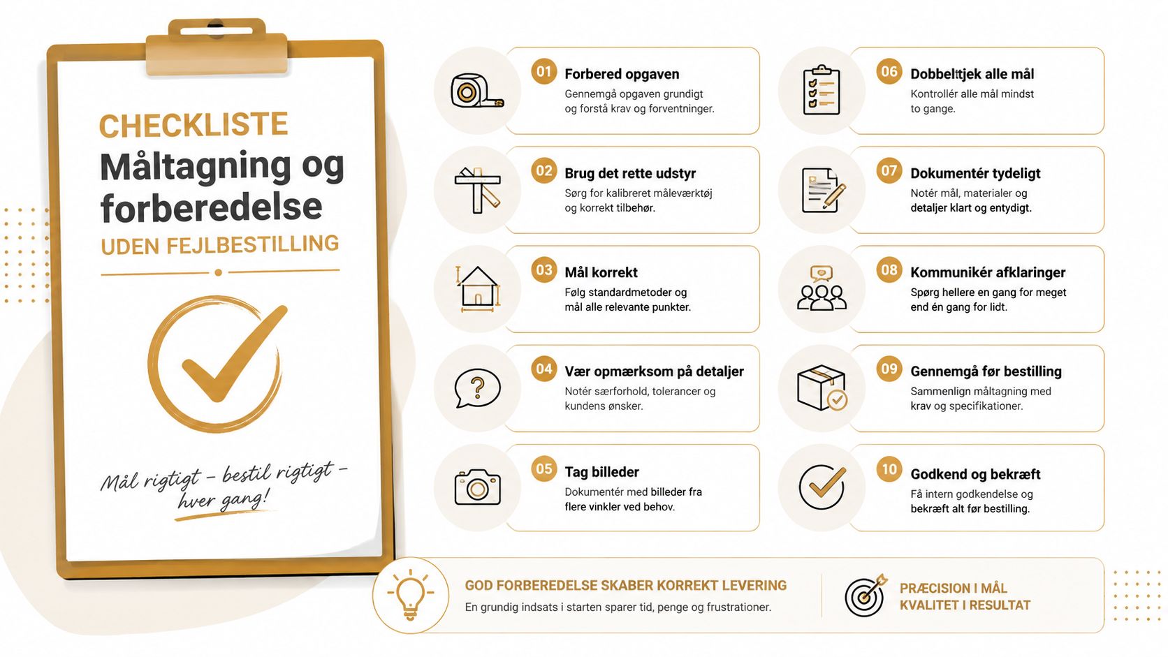 Tømrer checklist til forberedelse og sikkerhed.