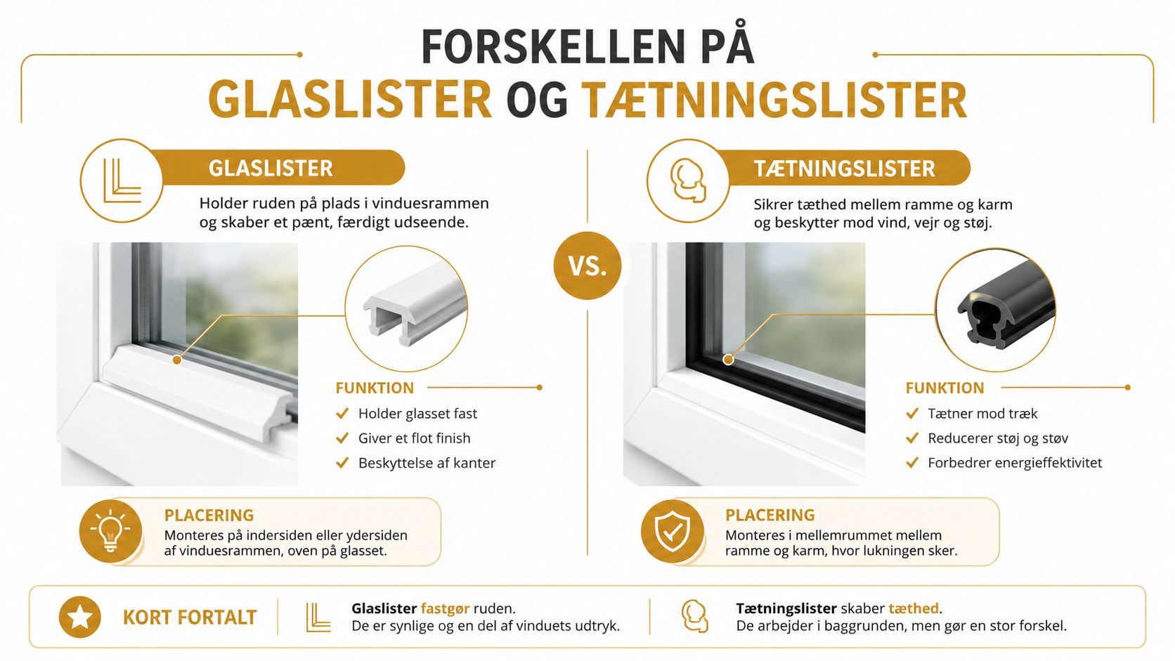 Illustration der viser forskellen mellem glaslister, der holder ruden fast, og tætningslister, der beskytter mod træk.