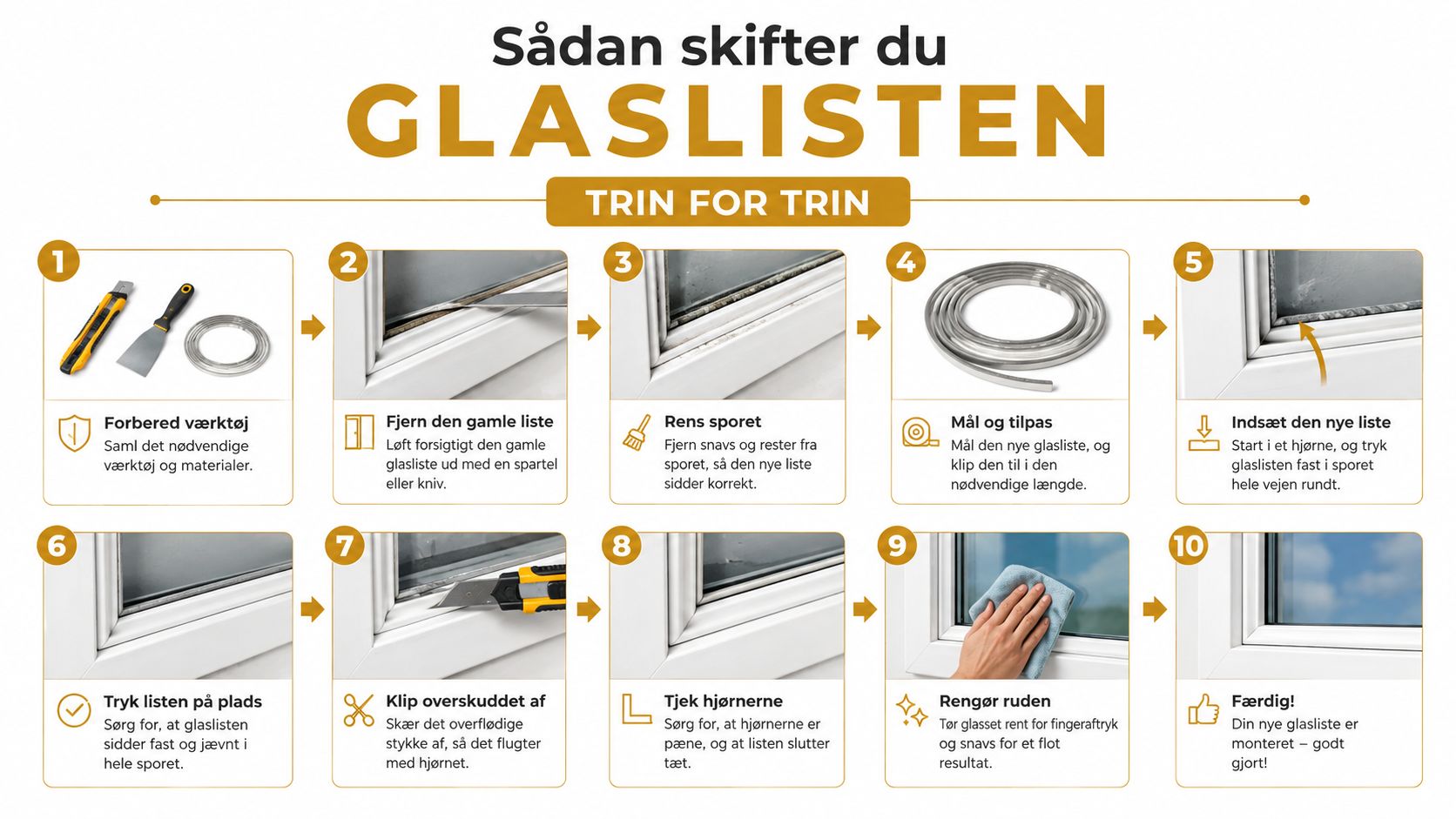 En trinvis guide på dansk til udskiftning af glaslister på vinduer med værktøj og illustrerede instruktioner.