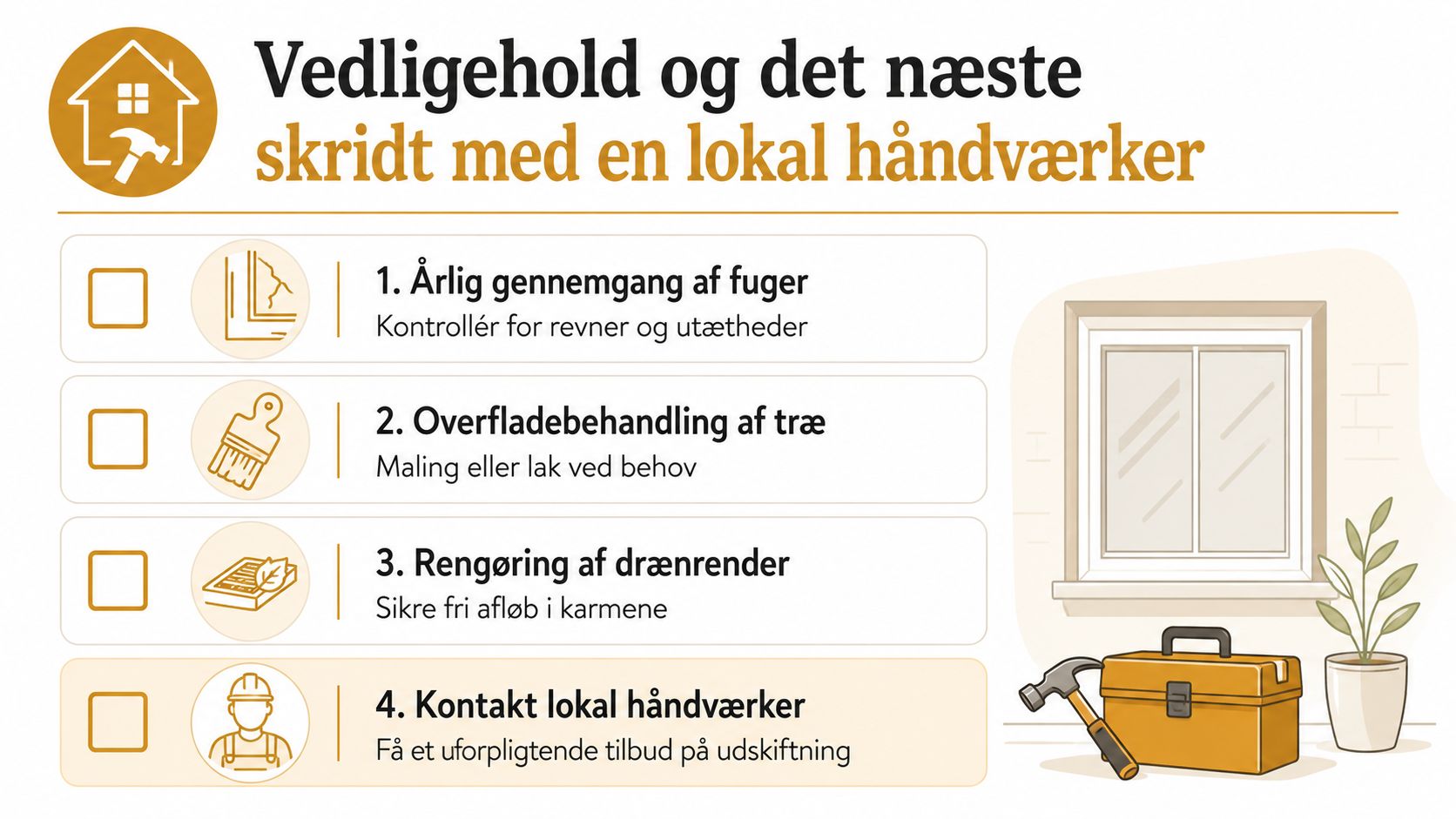 En oversigt over vedligeholdelse af vinduer med en tjekliste til boligejere og kontakt til en lokal håndværker.