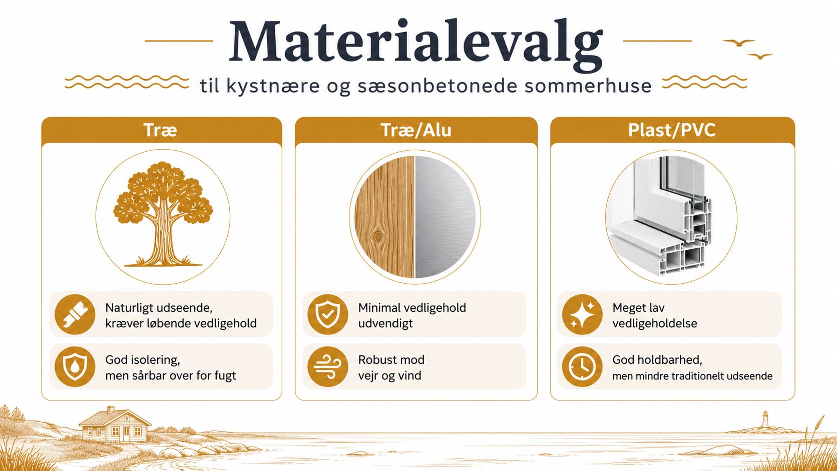Oversigt over materialevalg til vinduer i sommerhuse med fokus på træ, træ/alu og plast/PVC egenskaber.