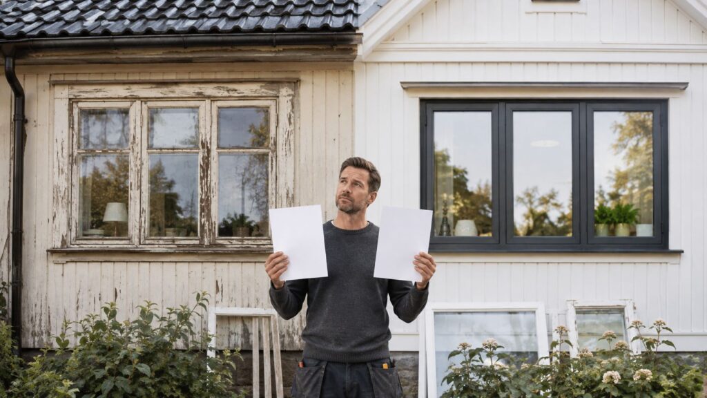 Tømrermester Leit vurderer bygning med papirark i hånden.
