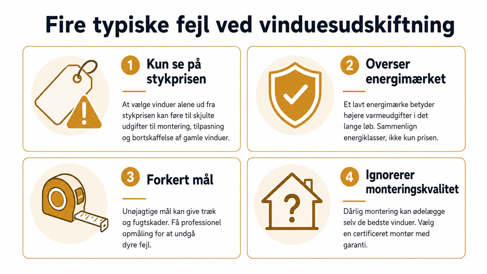 En infografik der viser de fire mest almindelige fejl ved udskiftning af vinduer i en bolig.