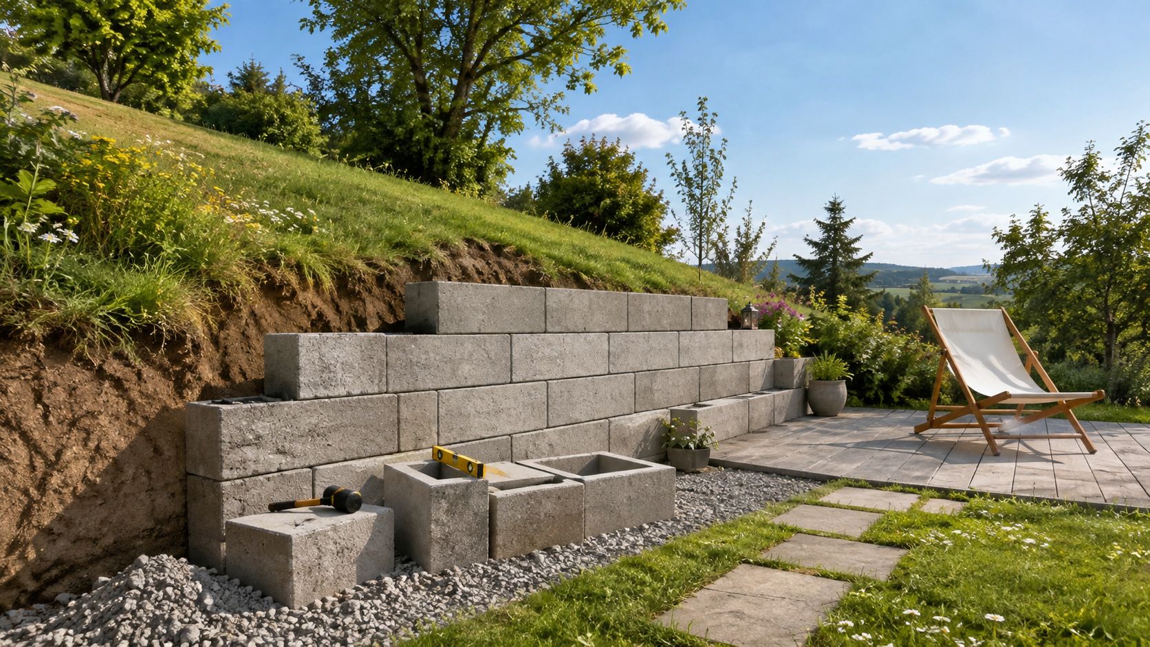 Havedesign med støttemure og terrassedæk i naturmaterialer.