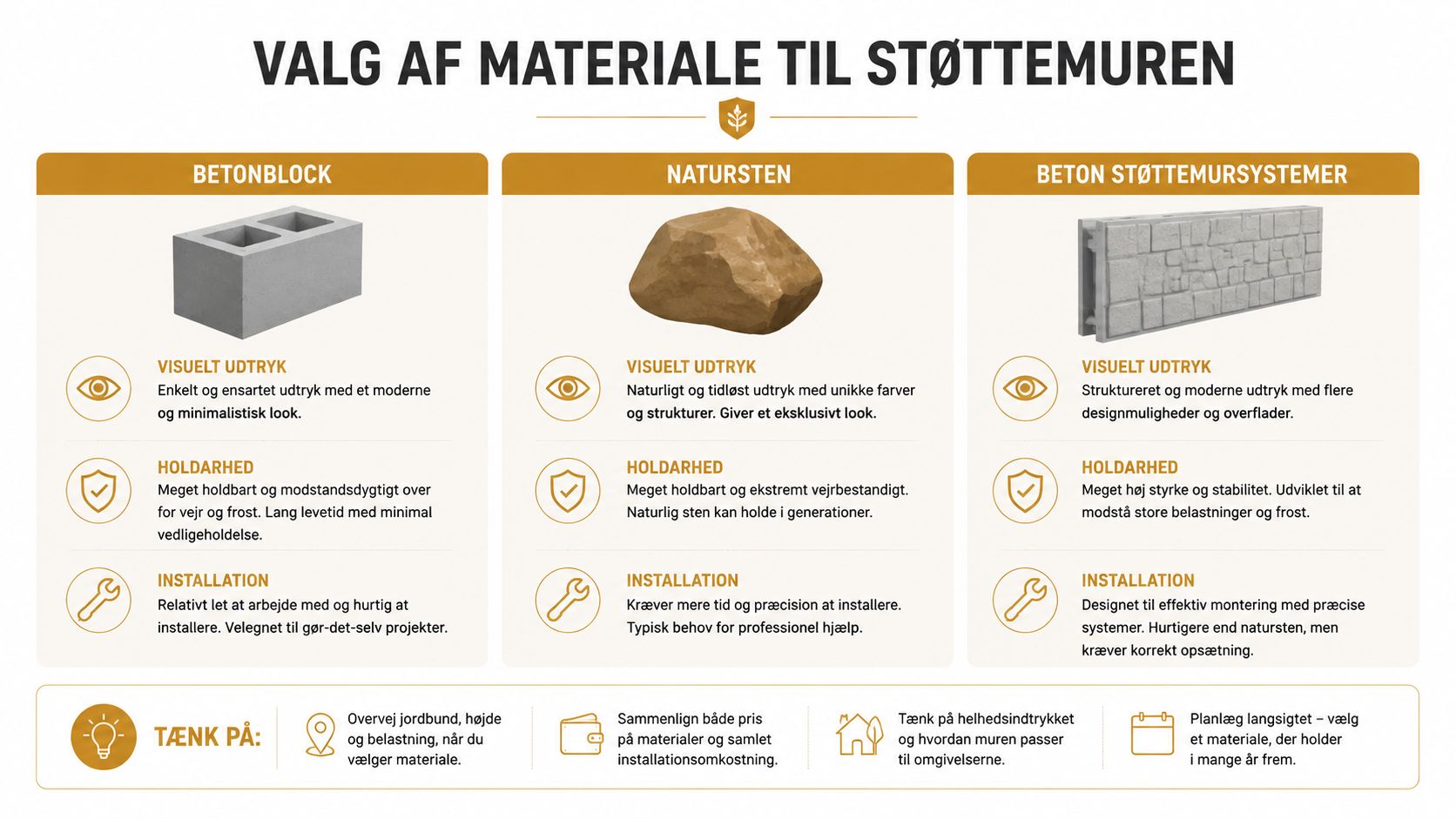 Materialer til støttemure: betonblok, natursten, støttemursystemer.