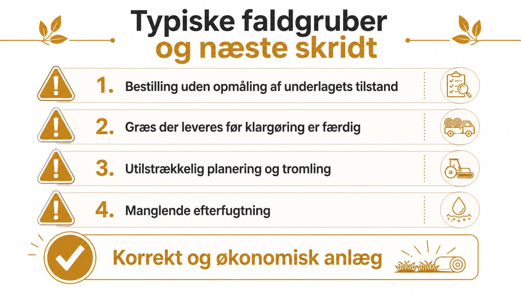 En infografik der viser fire almindelige faldgruber ved lægning af rullegræs og vejen til korrekt anlæg.