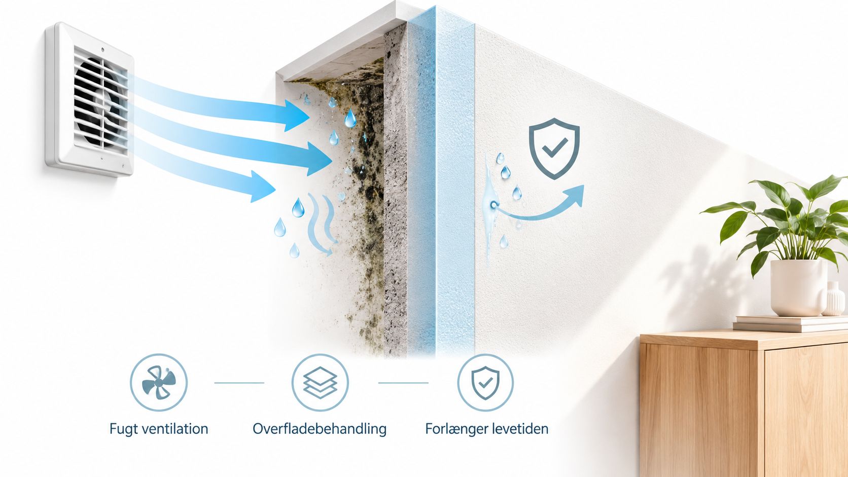 Illustration af fugtproblemer i en væg, der løses gennem ventilation, overfladebehandling og forlængelse af bygningsdelens levetid.