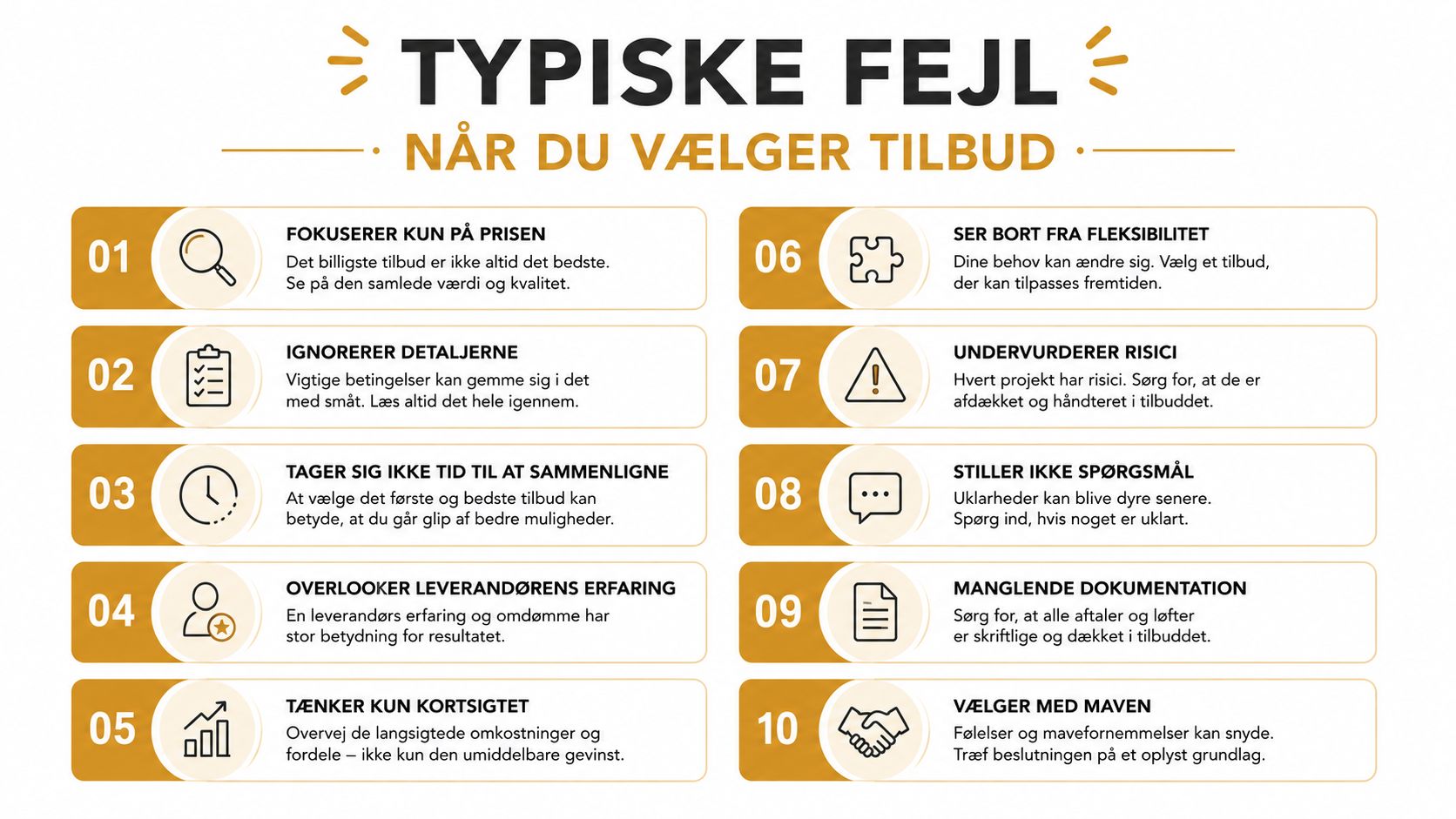 En oversigt med ti typiske fejl, man bør undgå, når man skal vælge det rette tilbud.