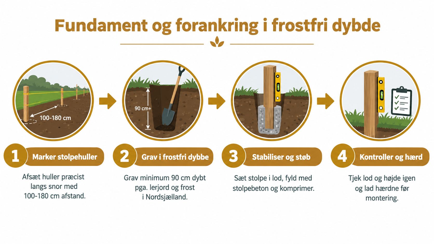 Illustration af fire trin til montering af hegnspæle i frostfri dybde med betonstøbning i jorden.