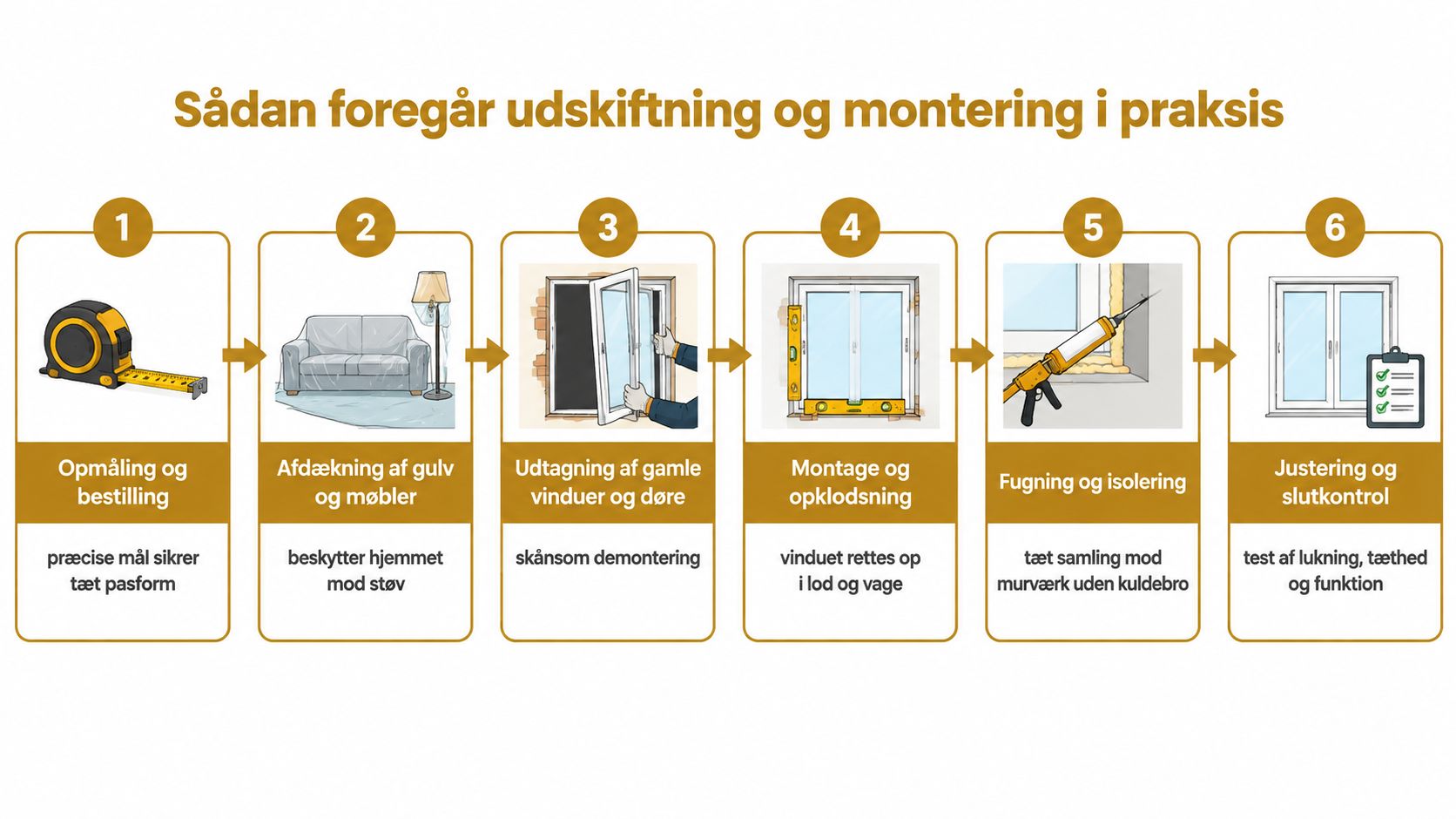 En infografik i seks trin, der viser processen for udskiftning og montering af nye døre og vinduer.