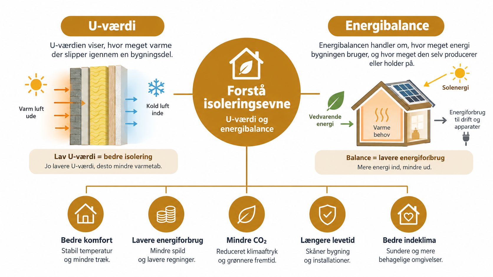 En infografik der forklarer vigtigheden af U-værdi og energibalance for bedre isoleringsevne i boliger og bygninger.