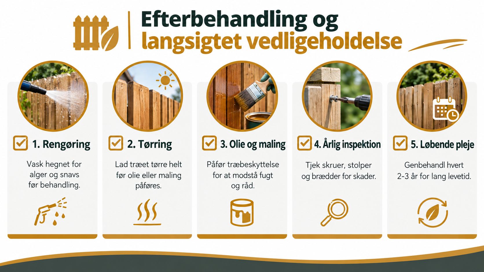 En infografik der viser fem trin til vedligeholdelse og efterbehandling af havehegn i træ for lang holdbarhed.