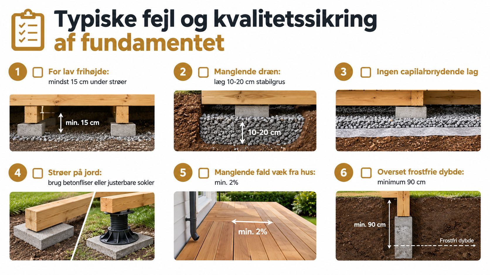 En infografik der viser seks typiske fejl og kvalitetskrav ved fundamentet til en ny træterrasse.