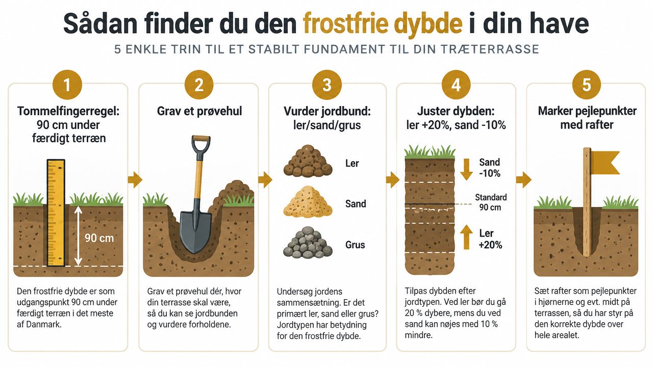 En infografik der viser fem trin til at finde den korrekte frostfrie dybde til træterrasser i Danmark.