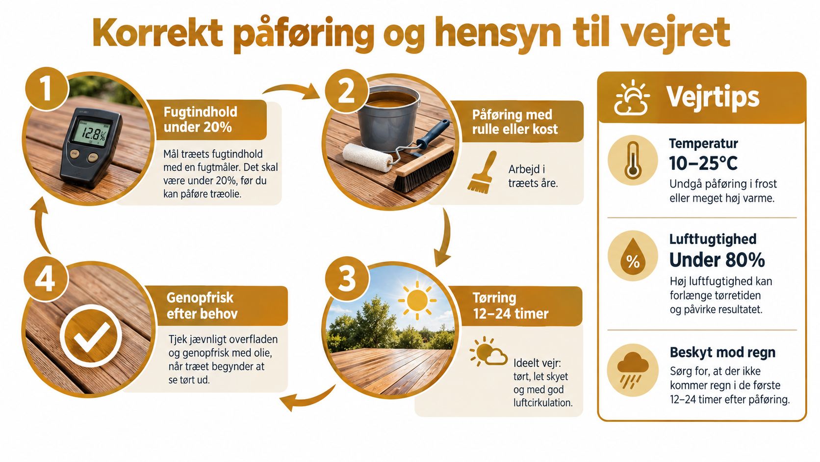 En infografik der viser de fire korrekte trin til vedligeholdelse og behandling af en træterrasse.