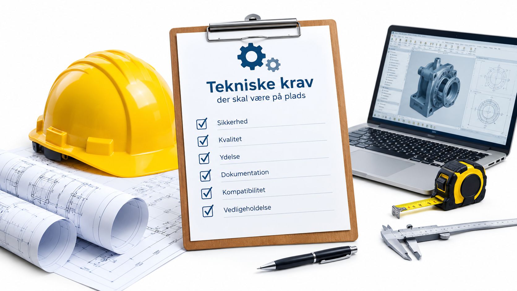 En gul byggehjelm, tegninger, bærbar computer, målebånd og skydelære med en tjekliste over tekniske krav til byggeprojekter.