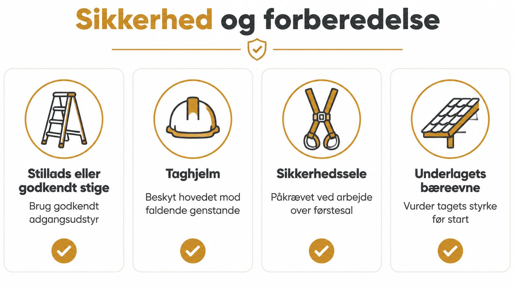 En infografik om sikkerhed ved tagarbejde, der viser nødvendigt udstyr som stig, hjelm, sikkerhedssele og tagets styrke.