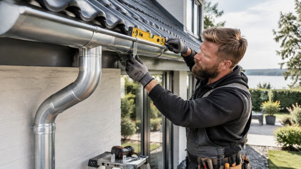 Tømrer arbejder med tagrender og facade på bolig.