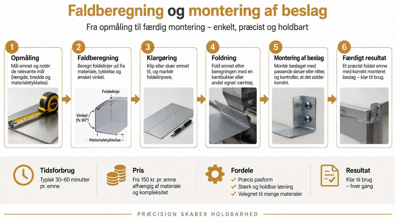 En infografik der viser de seks trin til korrekt faldberegning og montering af metalbeslag.