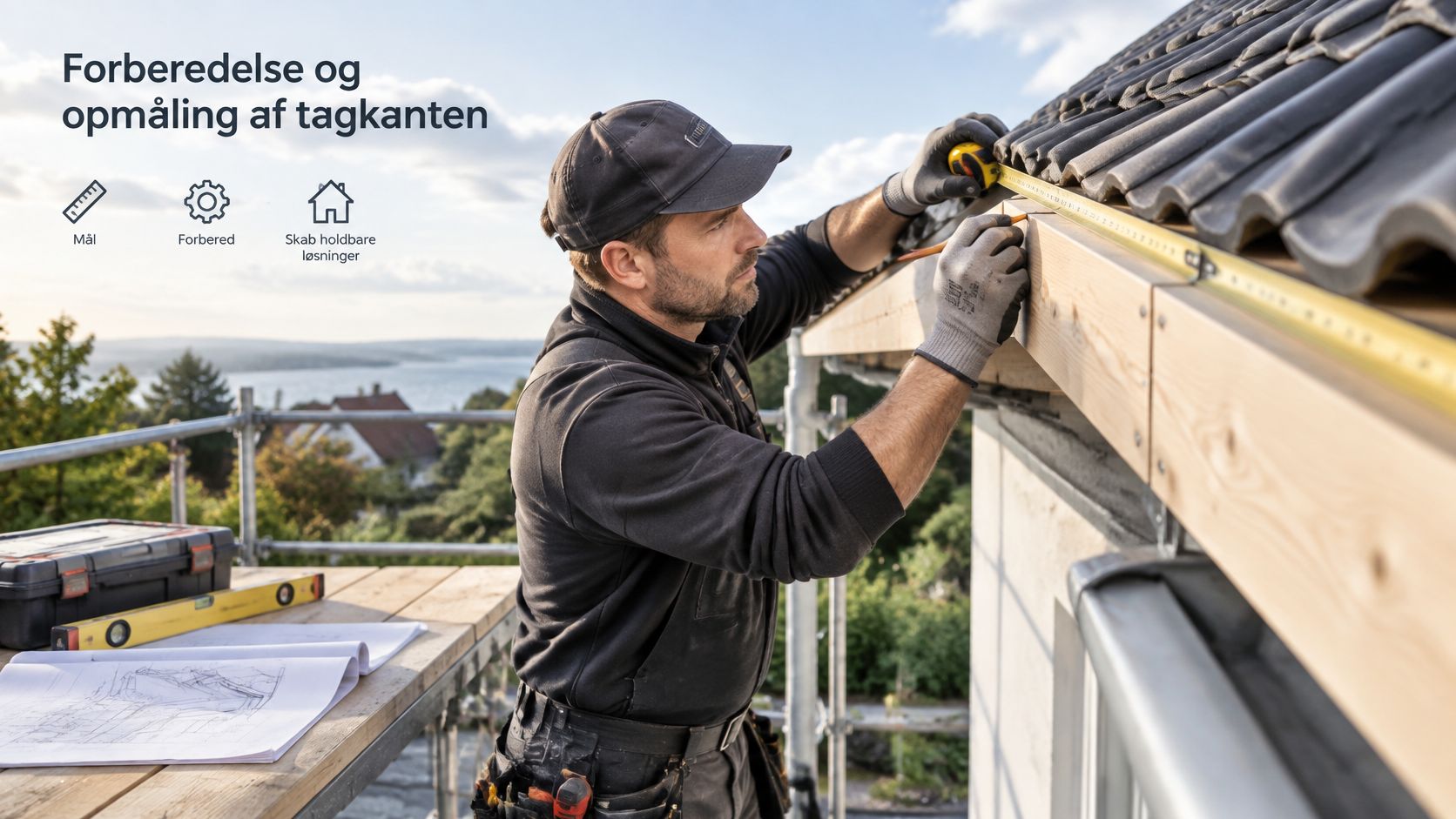 En håndværker måler en tagkant op med et målebånd på et stillads ved en byggeplads.