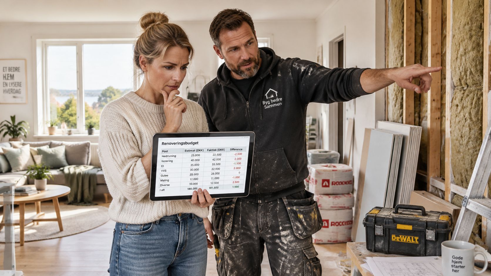 En håndværker og en boligejer gennemgår sammen et renoveringsbudget på en tablet under en boligrenovering.