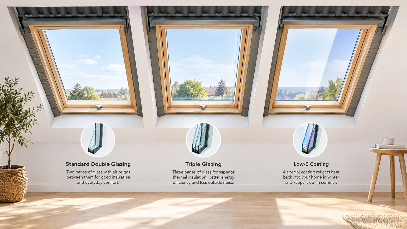 Tre tagvinduer med forskellige glastyper, der illustrerer dobbeltlagsglas, tredobbelt glas og energiglas med varmereflekterende belægning.