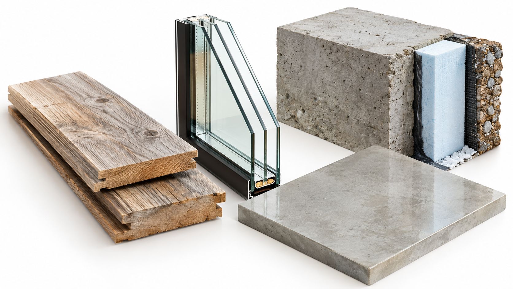 Eksempler på byggematerialer som træ, termoruder, beton og isolering til renovering af villa eller boligbyggeri.