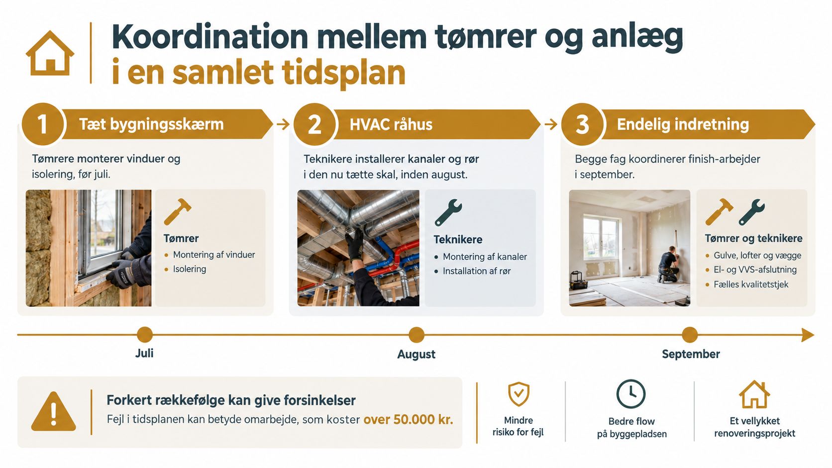 Tidslinje der illustrerer koordinering mellem tømrere og teknikere under renovering af villa for at undgå forsinkelser.